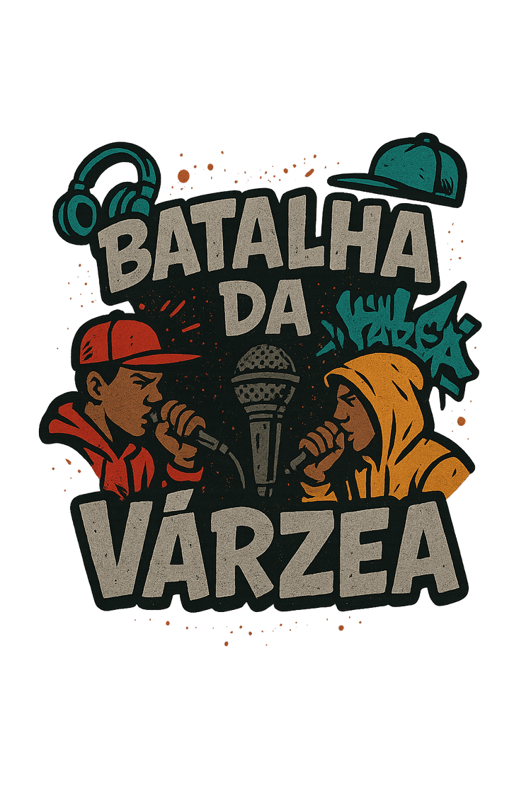 Batalha da Várzea - Dois MCs se enfrentando em um palco com graffiti ao fundo